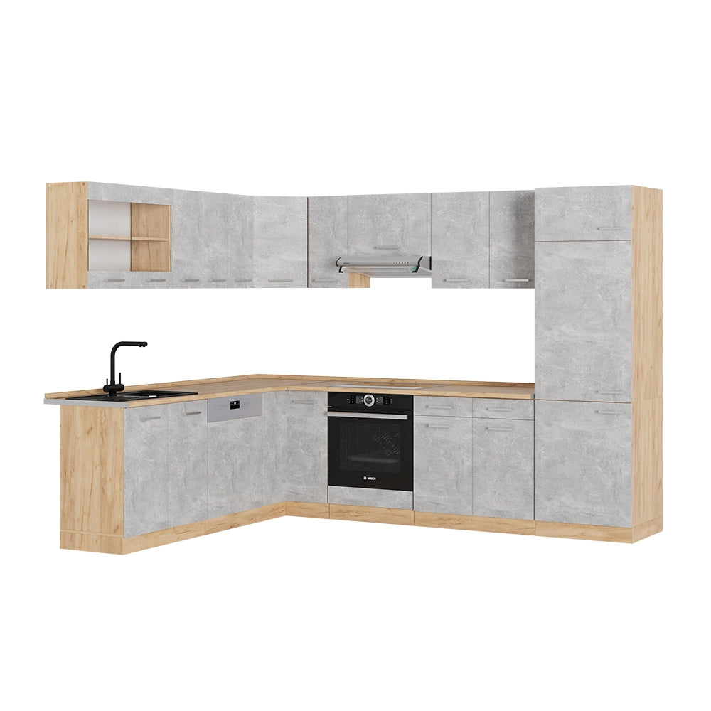 Vicco Cucina angolare completa Calcestruzzo/quercia dorata 227 x 287 cm senza piano di lavoro