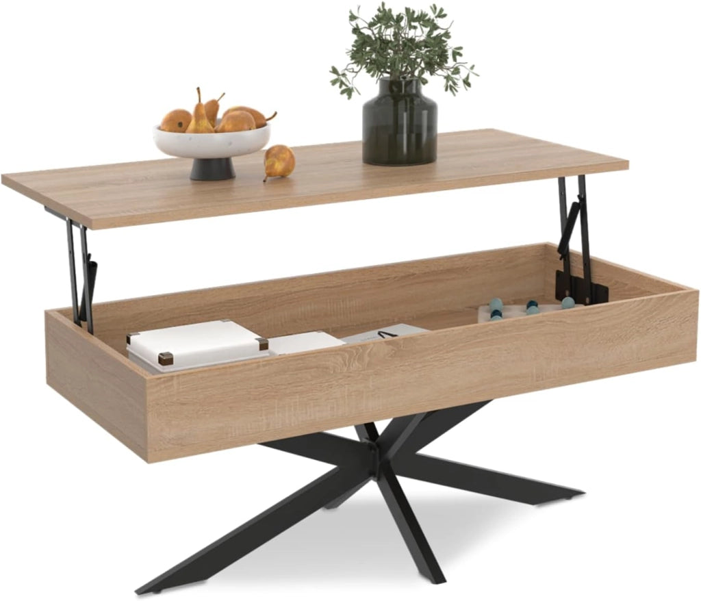 Tavolino rettangolare ALIX da 100 cm con piano sollevabile e gambe a ragno in legno e nero
