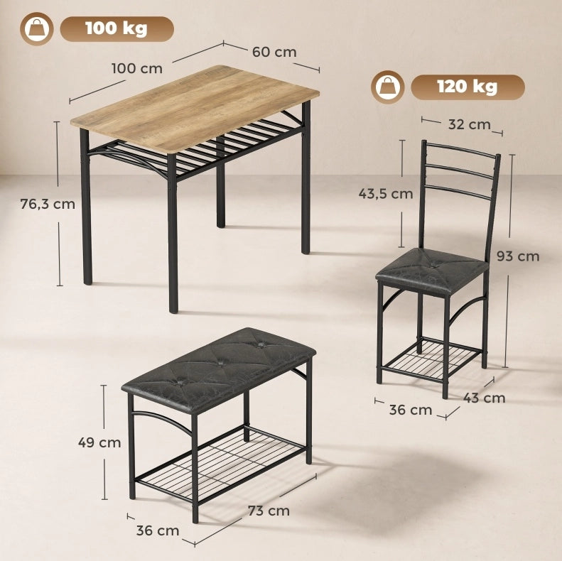Set da pranzo industriale 4 posti con tavolo, panca e 2 sedie