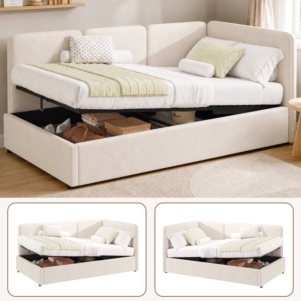 Letto a Divanetto 90x200 cm; Letto Singolo - Contenitore idraulico; lato reversibile - in Velluto - Beige