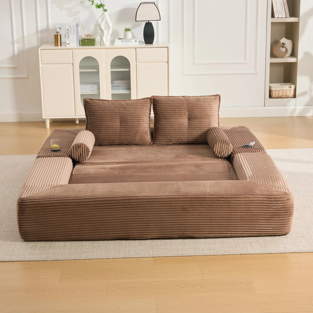 Divano letto modulare con tasche laterali e portabicchieri; cuscini memory in corda marrone