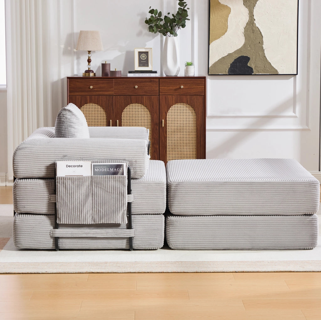 Divano modulare in velluto a coste con pouf grigio chiaro