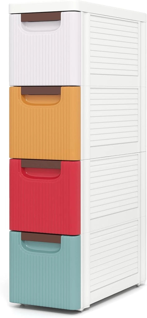 Mobile Bagno con 4 Cassetti, Mobiletto Bagno Salvaspazio con Ruote, Cassettiera in PP per Soggiorno, Bagno e Cucina, 42 x 19 x 74 cm