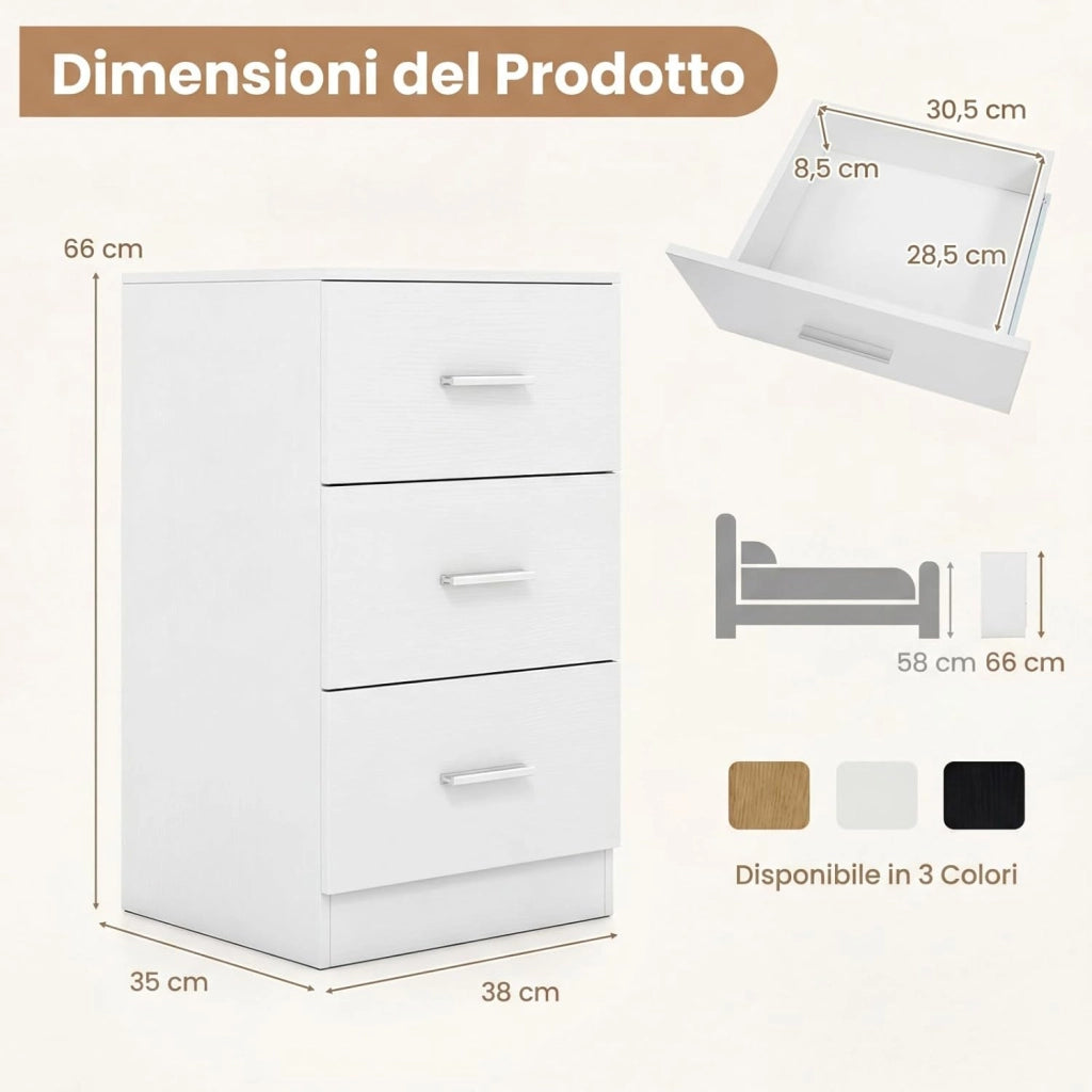 Comodino Camera da Letto 37 x 34 x 66,5cm, Cassettiera in Legno Moderno con 3 Cassetti, Mobile Salvaspazio per Soggiorno, Ufficio e Camerretta (1,Bianco Legno)