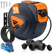 Avvolgicavo Elettrico 15 Metri Rotante a 180° con Multipresa a 3 Teste e Guanti Nero e Arancione