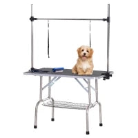 Tavolo da Toelettatura per Animali Domestici con Cesto Inferiore, Altezza Regolabile, Pieghevole, in Acciaio Inossidabile e Metallo, 107 x 60 x 170 cm, Nero