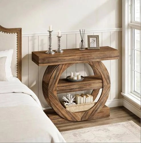 Tavolino consolle ULEVR 105x30x85 cm con 3 ripiani aperti, stile rustico, marrone rustico