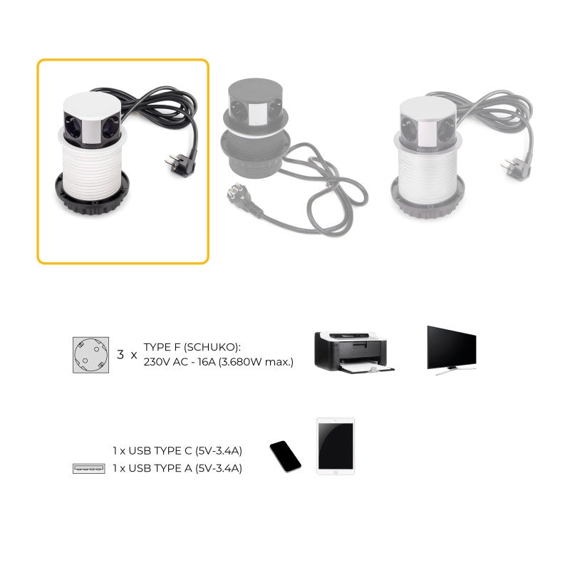Multiconnettore Vertikal Push diametro 100mm, 3 spine di tipo Schuko, 1 USB tipo A, 1 USB tipo C, Acciaio e Tecnoplast..