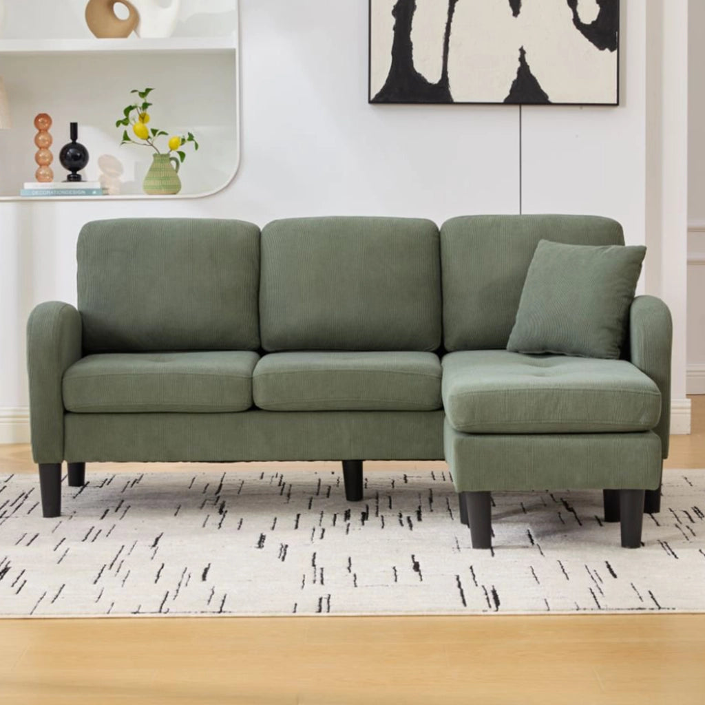 Divano Angolare 3 Posti con Chaise Longue ¨C MINIMAL ¨C Velluto a Coste, Gambe in Plastica, 166x118x77