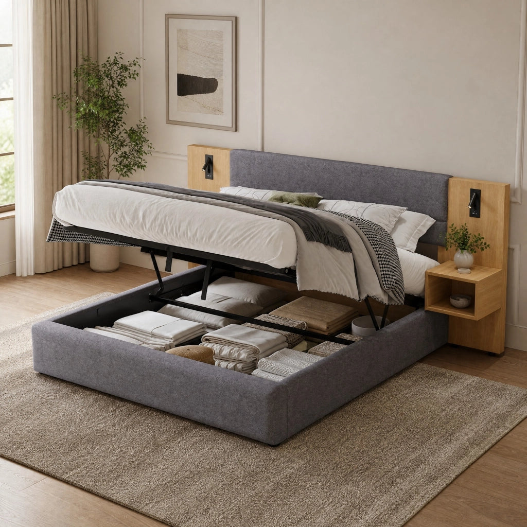 Letto contenitore 180x200 cm in velluto con USB, illuminazione, 2 comodini e rete a doghe