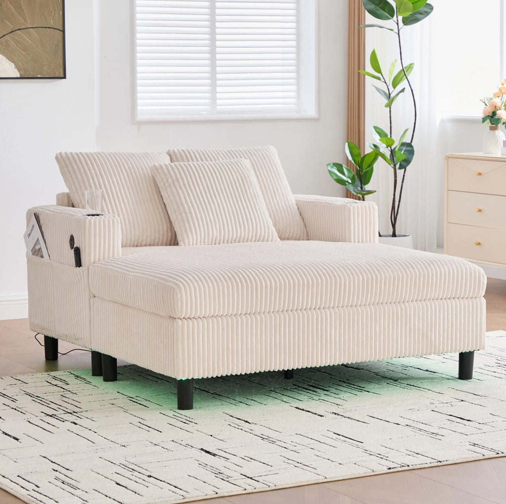 Poltrona relax 142x128x85 cm con LED; USB e portabicchiere in velluto a coste beige