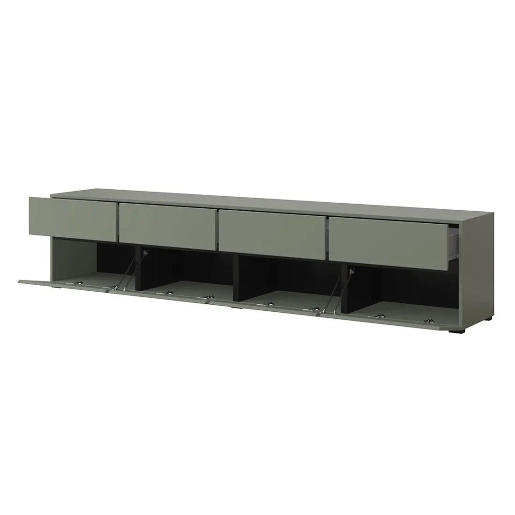 Mobile TV XL colore verde salvia e nero 225cm collezione HAVANA. Mobile design con 4 porte e 4 cassetti.