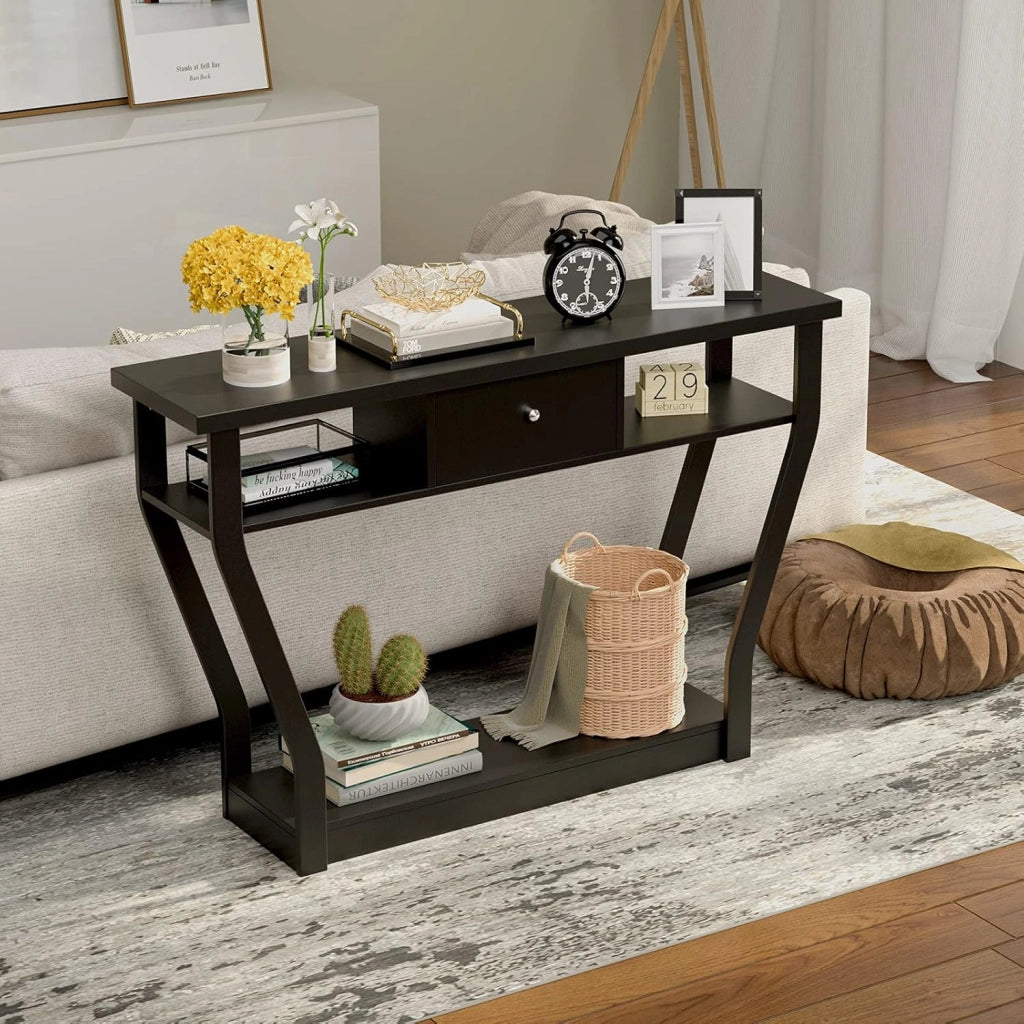 Tavolo Consolle, a 3 Ripiani, Stretto e Compatto, Cassetto con Manico, Console per Soggiorno, Salotto, Ingresso, Portata di 60 kg, 120x30x81cm, 3 Colori (Nero)