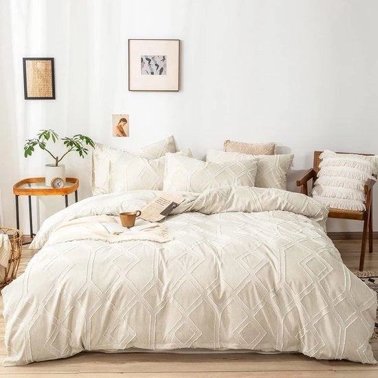 Set di coperte da letto boho, 200 x 220 cm, getuft, geometria, beige, decorazione a broccato, moderno, chic, microfibra, coperta da letto bohemian con chiusura a zip e 2 cuscini con copri 80 x 80 cm.