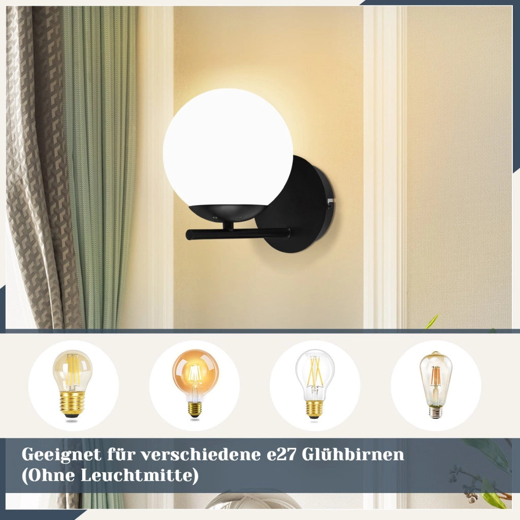 ZMH Lampada da parete nera interna E27 Lampada da letto in vetro con design moderno in metallo Lampada da vintage