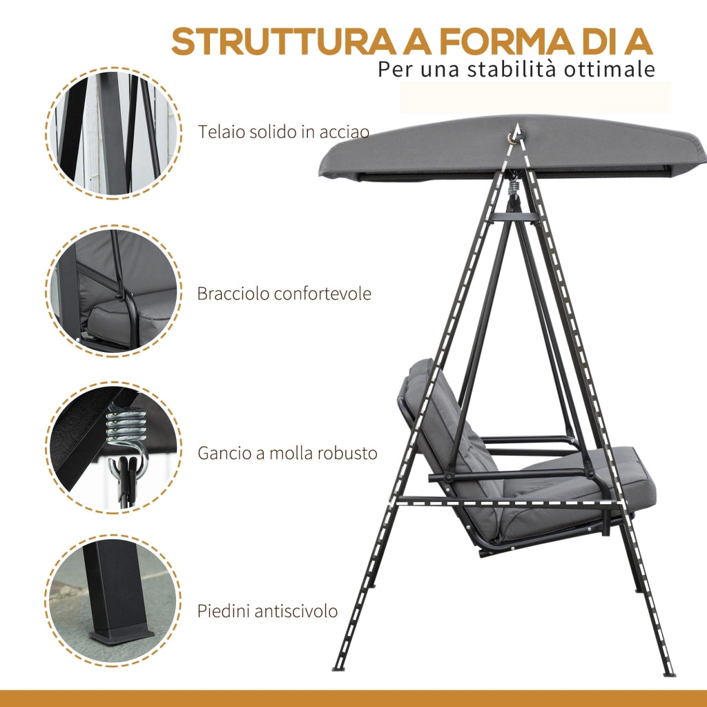 Dondolo da Giardino 2 Posti 144x117x173 cm con Tettuccio Regolabile e Cuscini in Acciaio e Poliestere Grigio