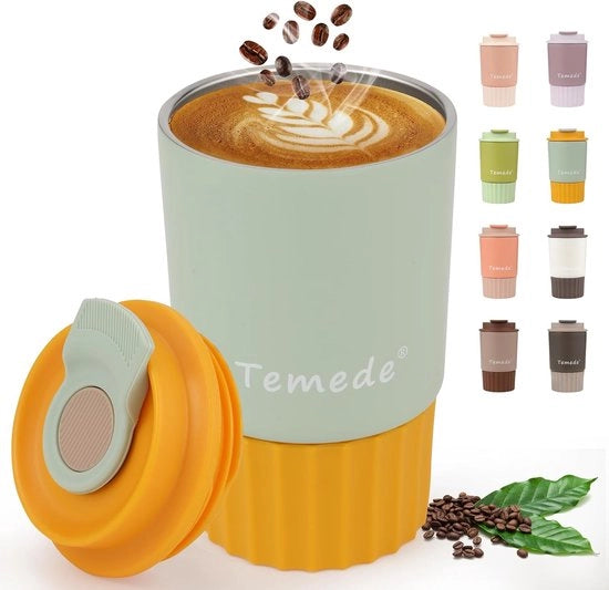 Tazza to go termica 360 ml, tazza termica per caffè to go, tazza di acciaio inox a doppio strato isolata, stagna, tazza to go calda per caffè e tè (gialla)
