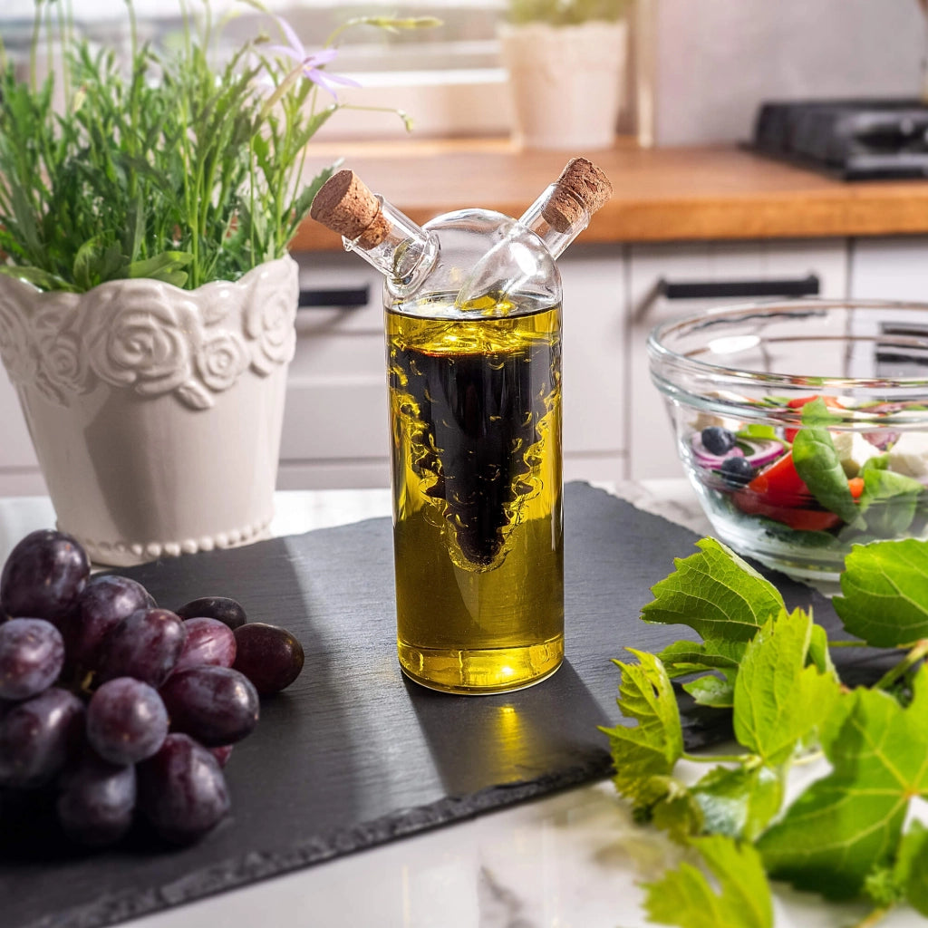 Bottiglia KADAX per olio e aceto, caraffa in vetro da 350 ml, 2 in 1 per olio e aceto con tappo.
