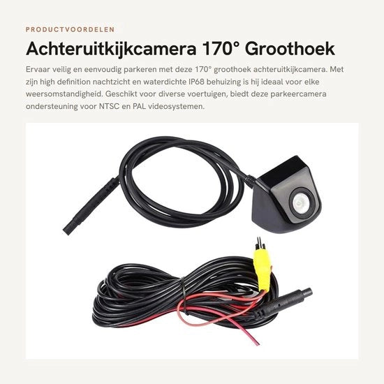 Achteruitkijkcamera 170° con angolo ampio - HD/Night Vision - Impermeabile IP67 - Materiale plastico/Metallo - Supporta NTSC/PAL - 12V/60mA - Camera posteriore