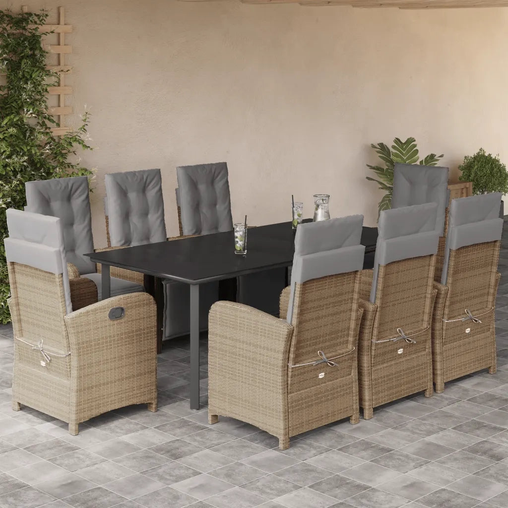 Set da Pranzo da Giardino 9 pz con Cuscini Beige in Polyrattan