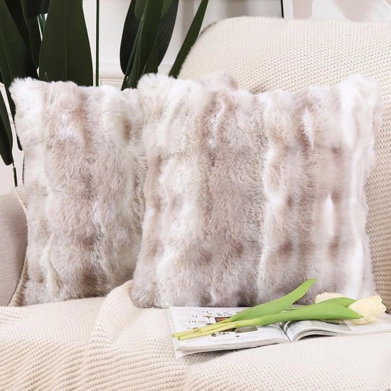Set di 2 cuscini in piuma morbida, decorativi, in cotone, con copriletti in velluto, bianco e taupe, 40x40 cm