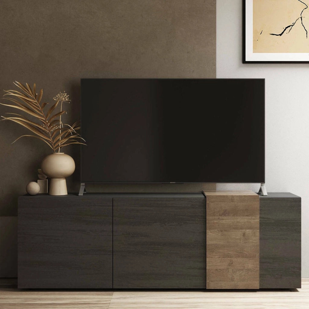 Mobile porta TV Sidr, Credenza da soggiorno, Armadio basso per TV, Base parete attrezzata, Made in Italy, 181x44 h59 cm, Ardesia e Noce