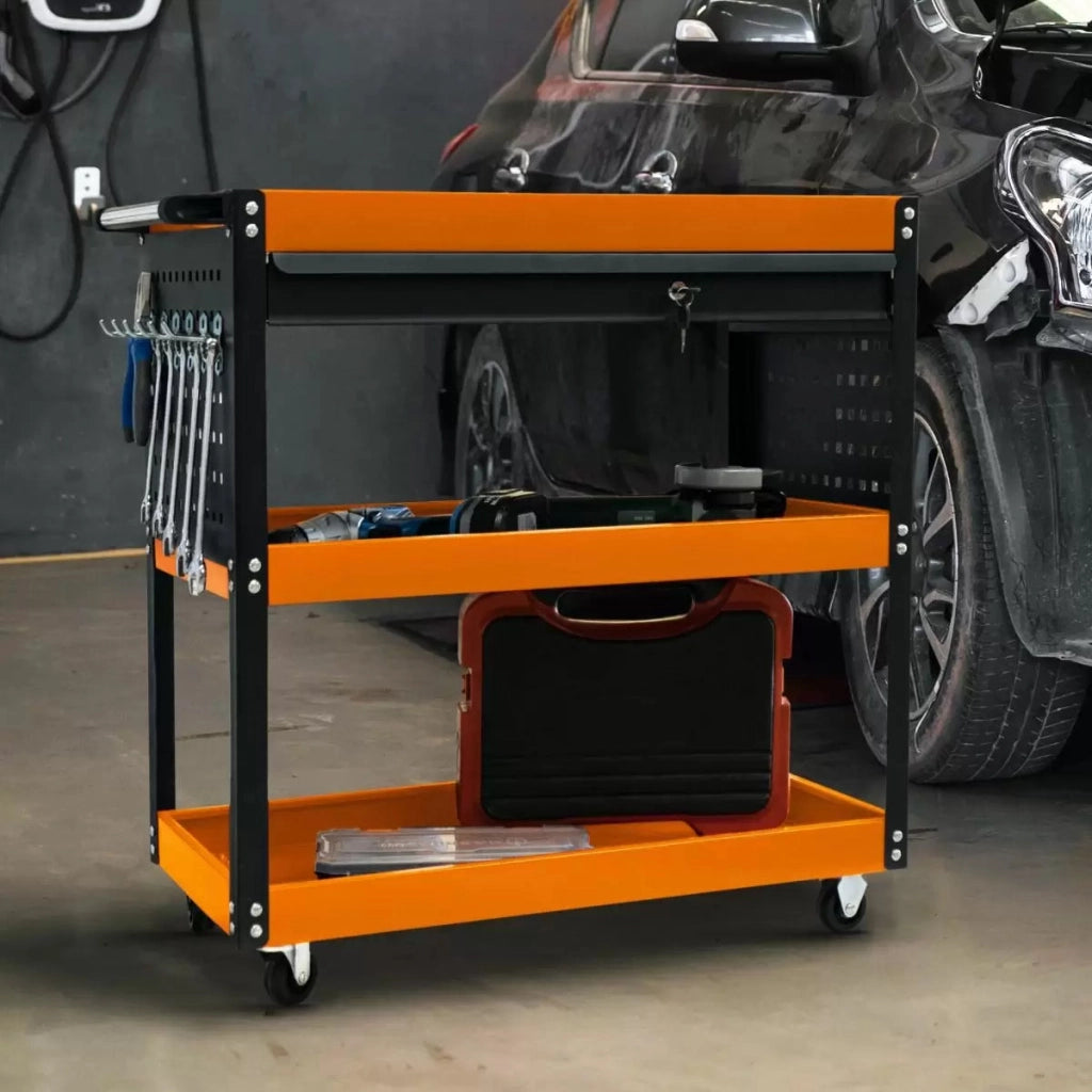 Carrello Portautensili per Officine 3 Ripiani 81,4x79x36,4 cm in Acciaio Arancione
