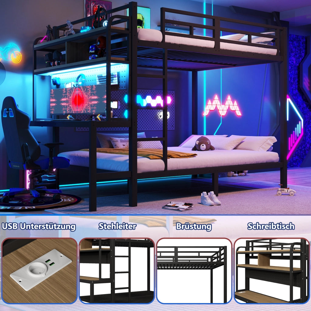 Letto a castello in metallo 140x200 cm con scrivania; vani portaoggetti; LED; USB; parapetto e scala; nero