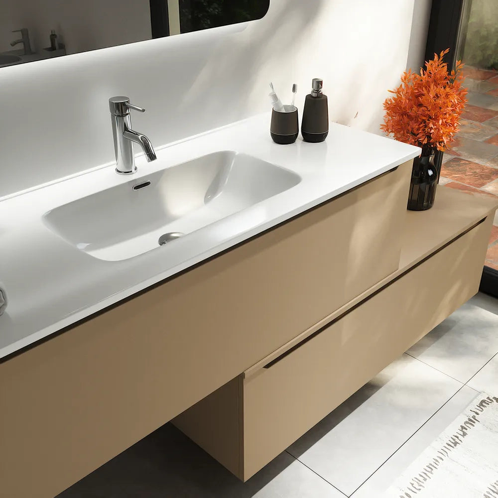 Mobile bagno sospeso modulare 90 cm sabbia opaco due cassetti con lavabo | Bako