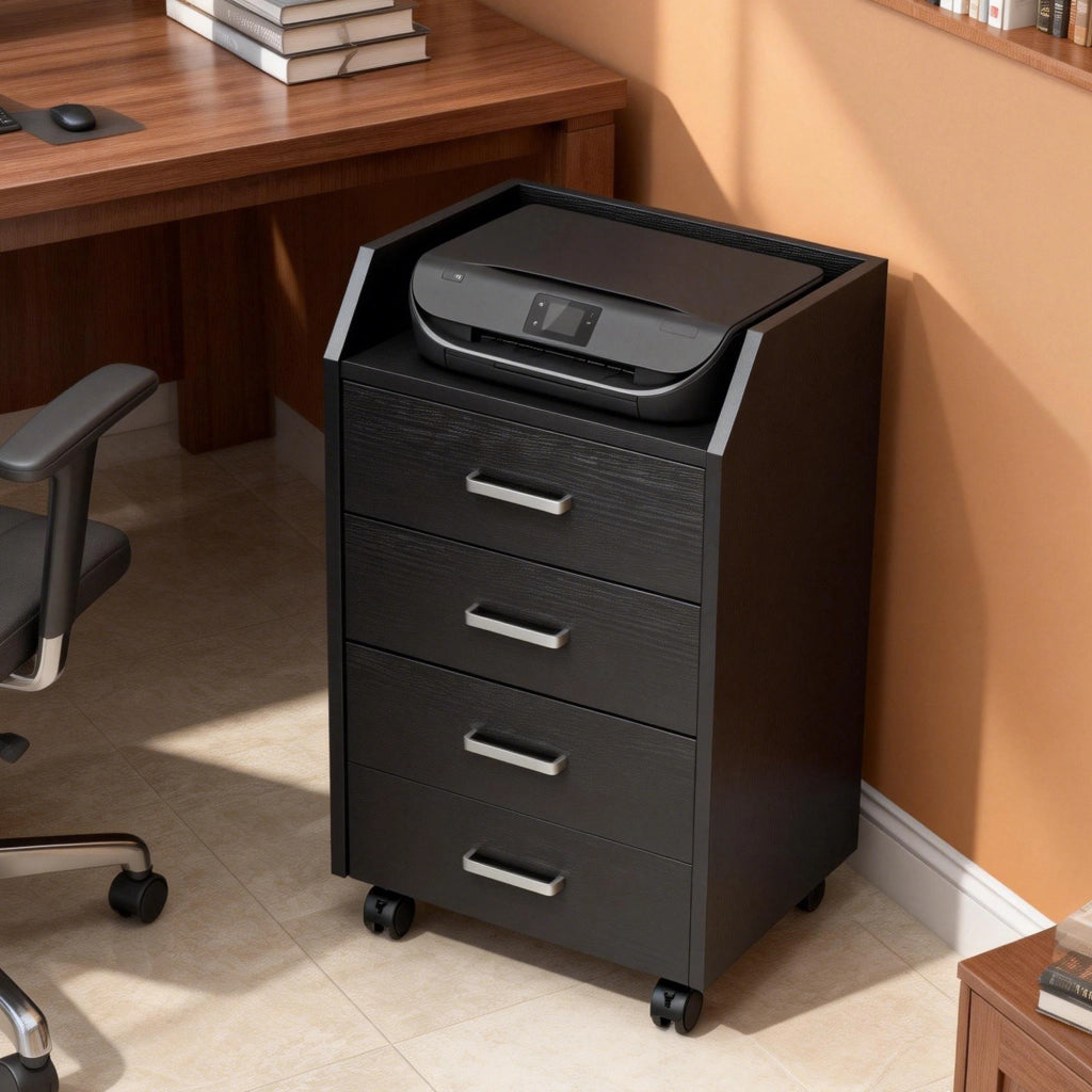 Cassettiera da Ufficio 40x36x65 cm con 4 Cassetti e Ripiano per Stampante su Ruote in MDF Nero