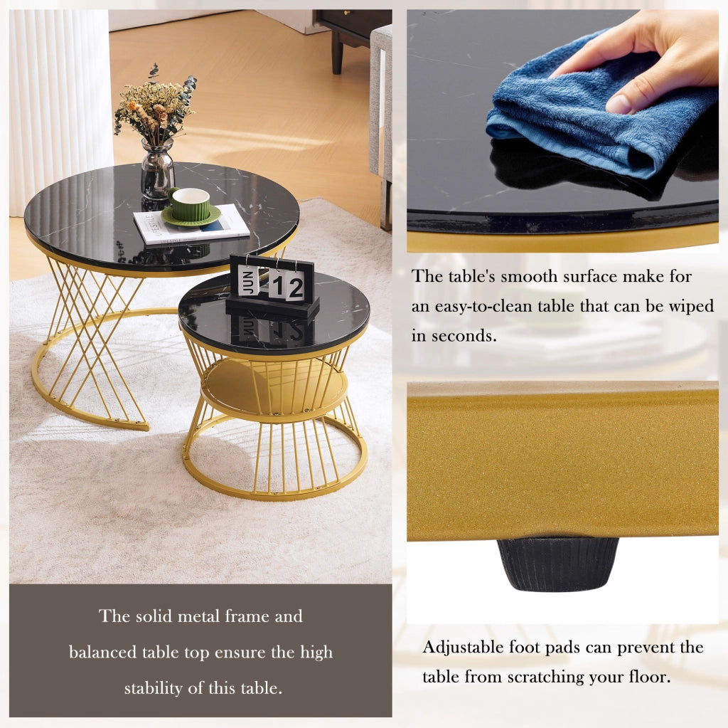 Set di 2 tavolini da salotto rotondi nesting 70/45 cm in MDF nero; effetto marmo