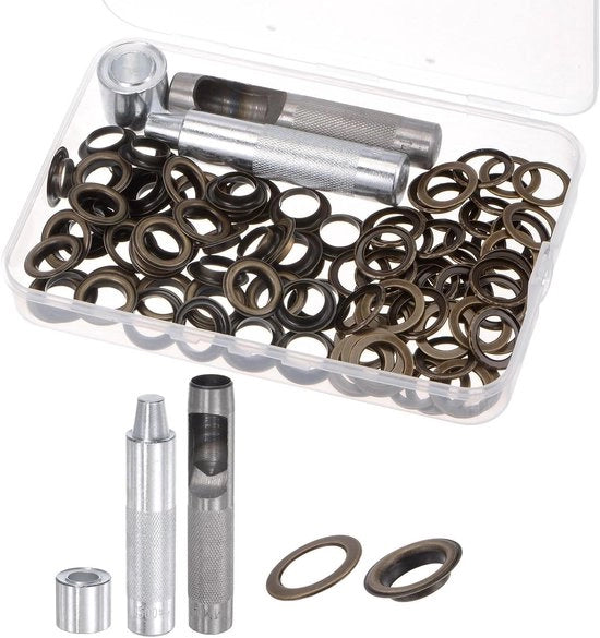 50 Set di Tuli per Porta - Occhi in Rame con Strumento di Regolazione - Riparazione Scarpe e Abiti - Colore Bronzo - Incluso 14mm x 22mm Dimensione