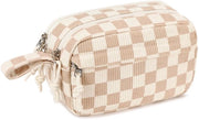 Etui per ragazze, grande tasca per matite, etui per scuola, università, ufficio, regalo (marrone e bianco a quadri)