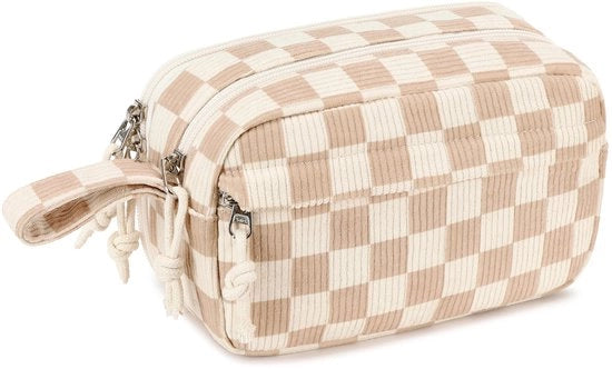 Etui per ragazze, grande tasca per matite, etui per scuola, università, ufficio, regalo (marrone e bianco a quadri)