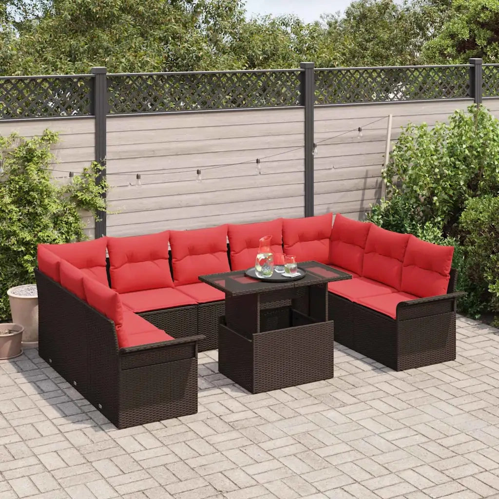 Set Divano da Giardino con cuscino 10 pcs Marrone Poly Rattan