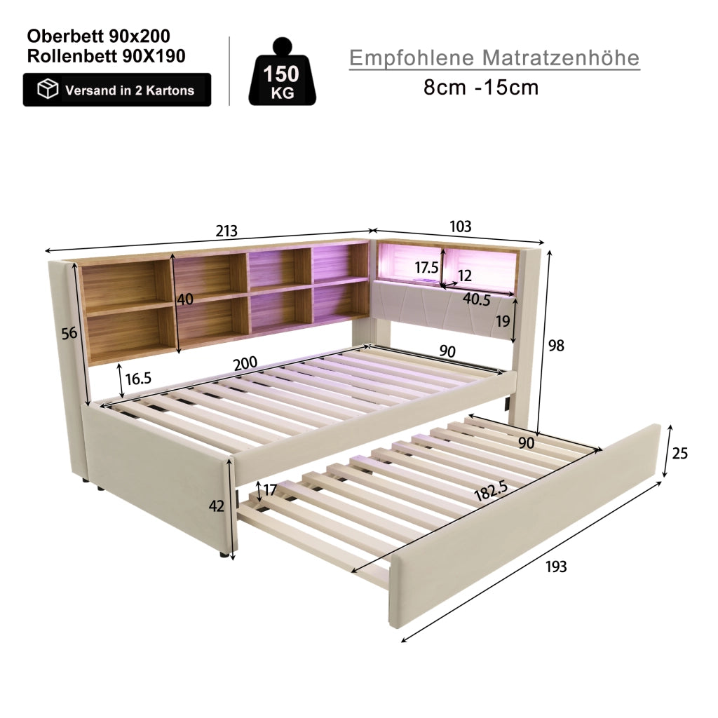 DESMIU Divano letto 90 × 200 cm 2 posti con LED, USB, Type-C e prese, vano contenitore, senza materasso, beige