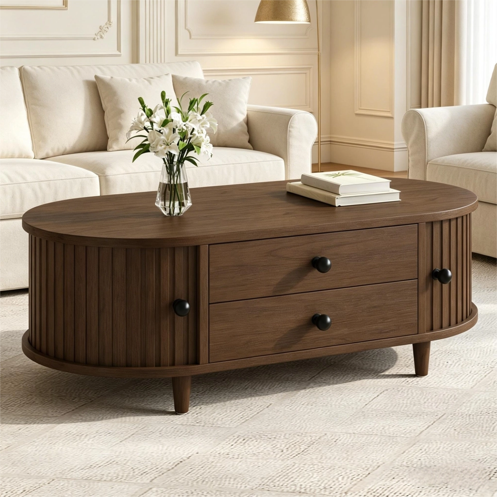 Tavolino basso con 2 cassetti e ante scorrevoli, in MDF con gambe in legno massello, noce 100 × 50 × 36 cm