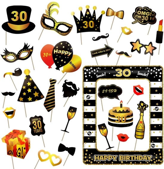Accessori per fotobooth - Decorazioni per selfie - Grappia - Set di 31 pezzi - Nero e oro