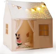 Tenda Casetta per Bambini con Tetto Stellato Luminoso nel Buio, Tenda per Bambini con Luci e Bandierine, Tenda da Gioco con Porta, 2 Finestre e Tappetino, per Interno ed Esterno (Beige)