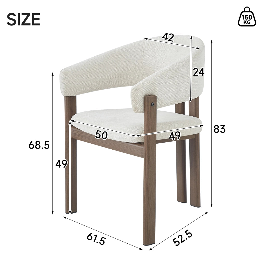 Set di 2 sedie da pranzo in metallo con braccioli, rivestimento in lino beige, effetto noce