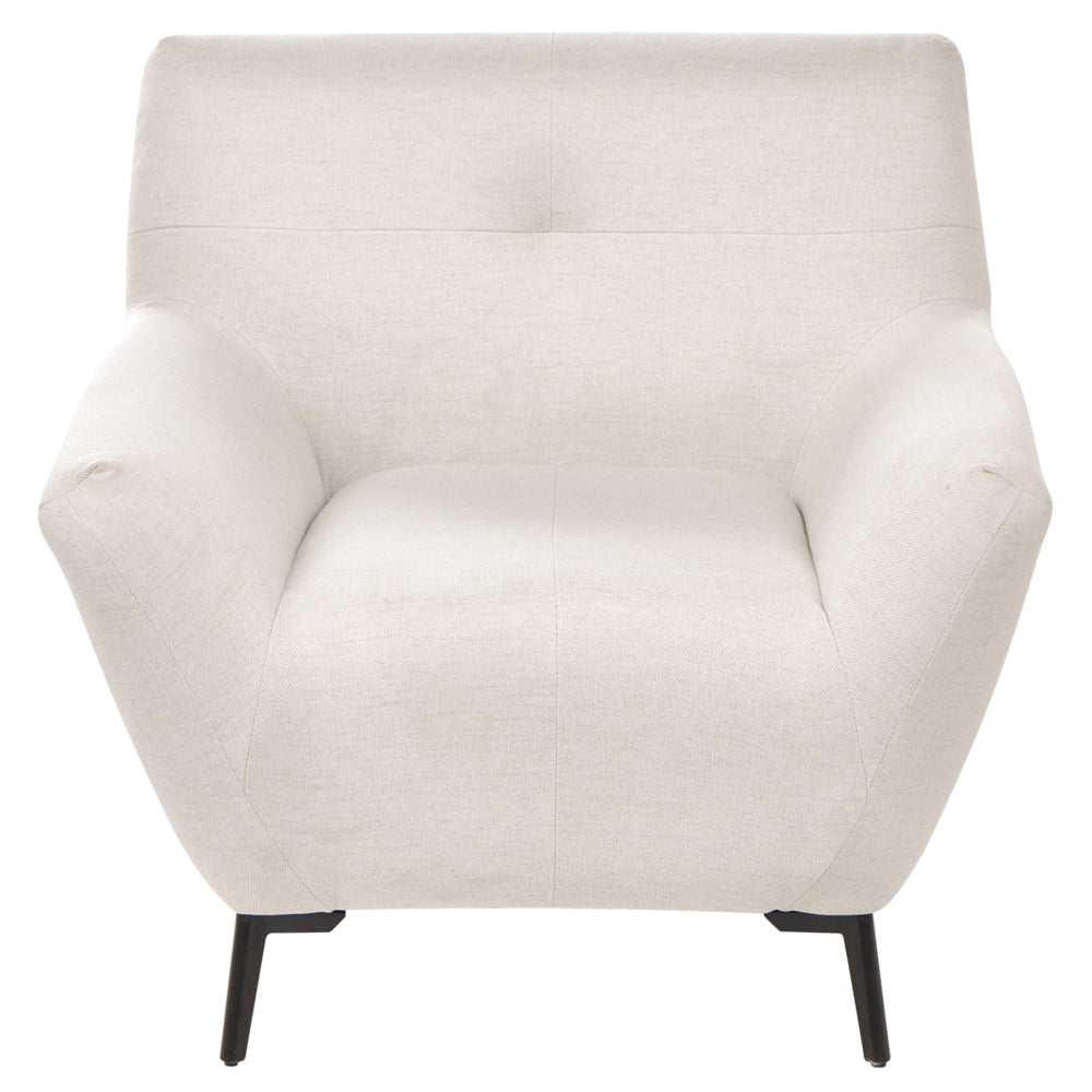 Poltrona in tessuto bianco sporco con braccioli, trapuntatura decorativa e gambe in metallo nero angolo lettura moderno per il soggiorno