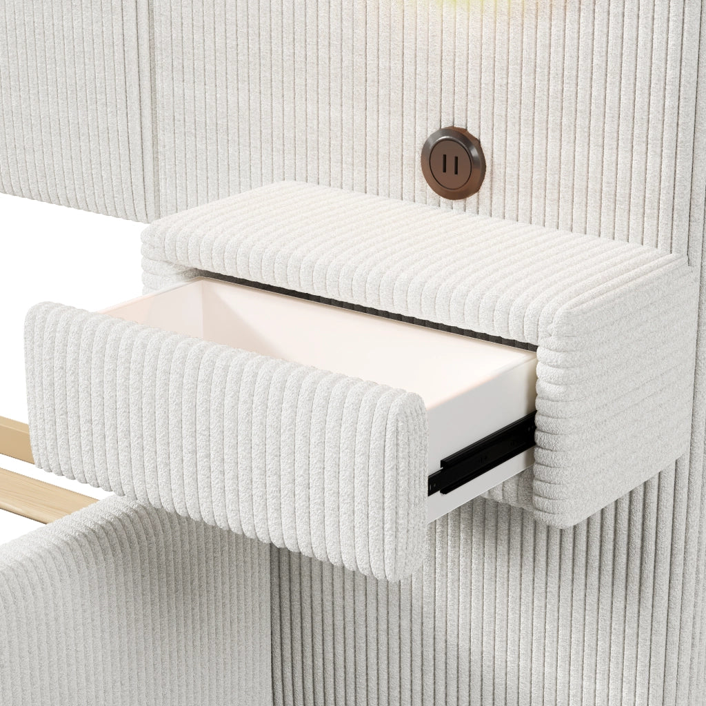 Letto Matrimoniale 180x200 cm con LED; USB e cassetti ai lati; in Velluto Beige