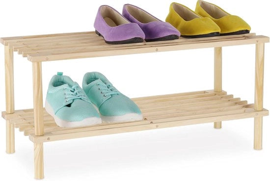 Scaffale a due piani in legno per 4 paia di scarpe - 295 x 63 x 26 cm - naturale