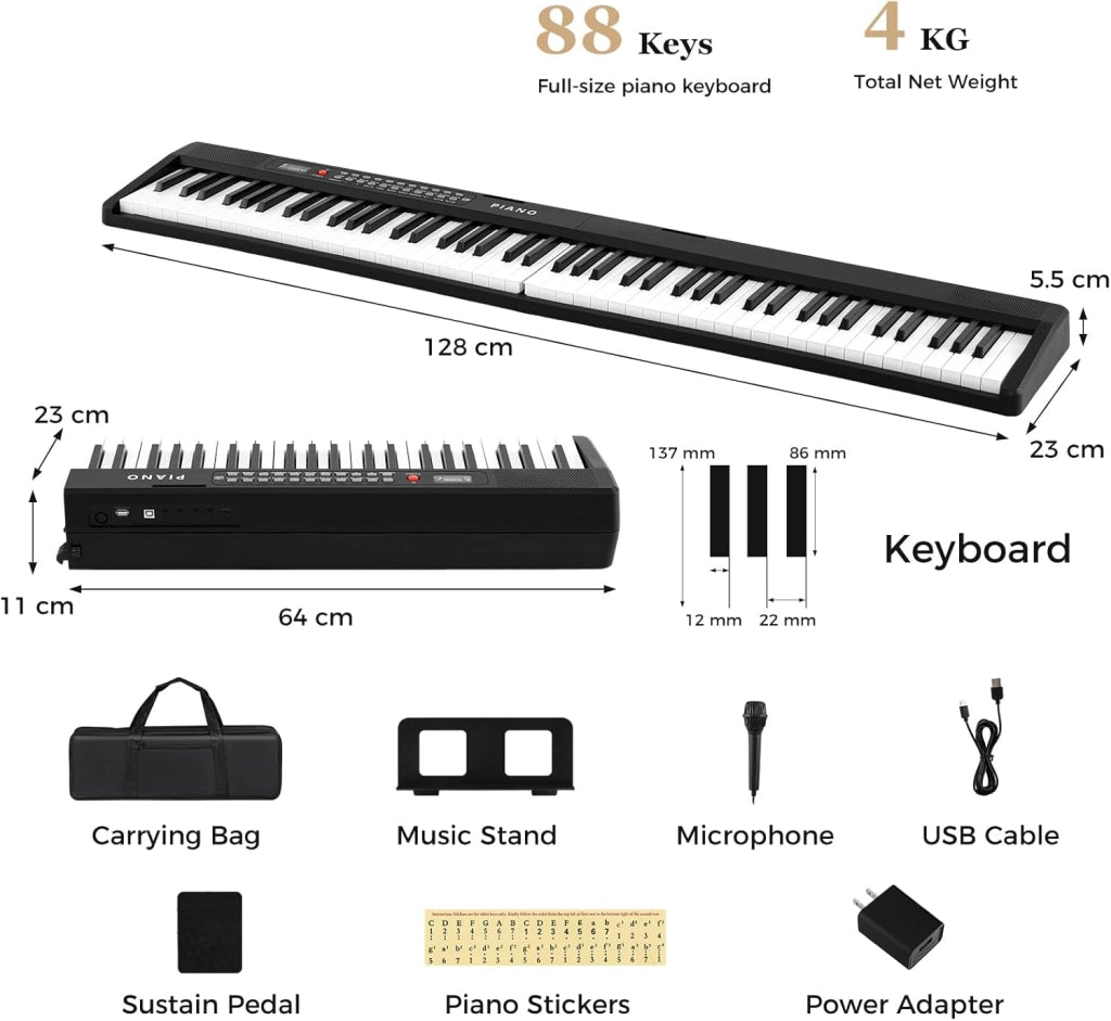 Pianoforte Digitale 88 Tasti Pieghevole, con 1000 Suoni, 1000 Ritmi & 150 Canzoni Demo, Tastiera Elettronica con Microfono, Pianola Facile da Trasportare con Borsa, Nero
