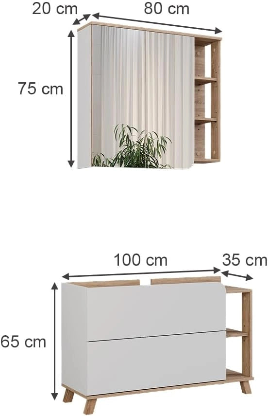 Set di mobili da bagno Karen, Sonoma/Bianco, 100 cm, composto da specchio da bagno e mobile sottolavabo
