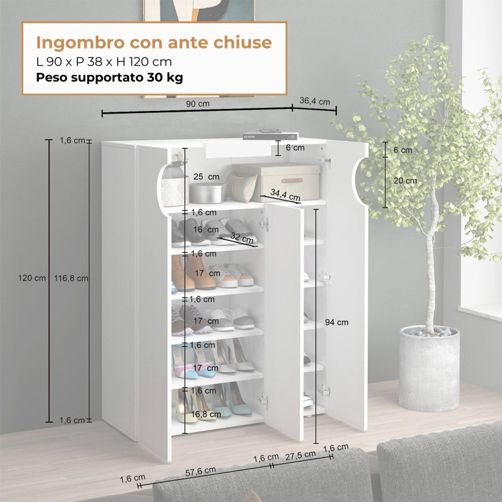 WHOUS Armadio portascarpe REAL a 3 ante e 11 ripiani bianco lucido 90x38x120 cm