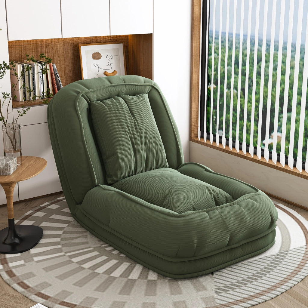 Divano letto ergonomico pieghevole con schienale regolabile a 5 posizioni, 2 cuscini e struttura in tessuto verde per soggiorno e lettura quotidiano
