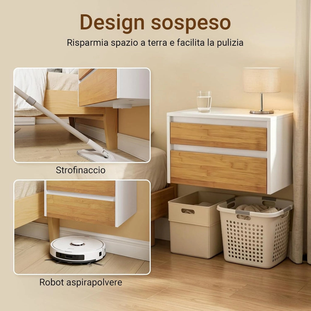 Comodino camera da letto sospeso con lampada a sensore di movimento rimovibile e 2 cassetti, Comodino da parete per camera da letto e ingresso, 40x29.8x25.6cm, Bianco Naturale, FBT175-E-WN
