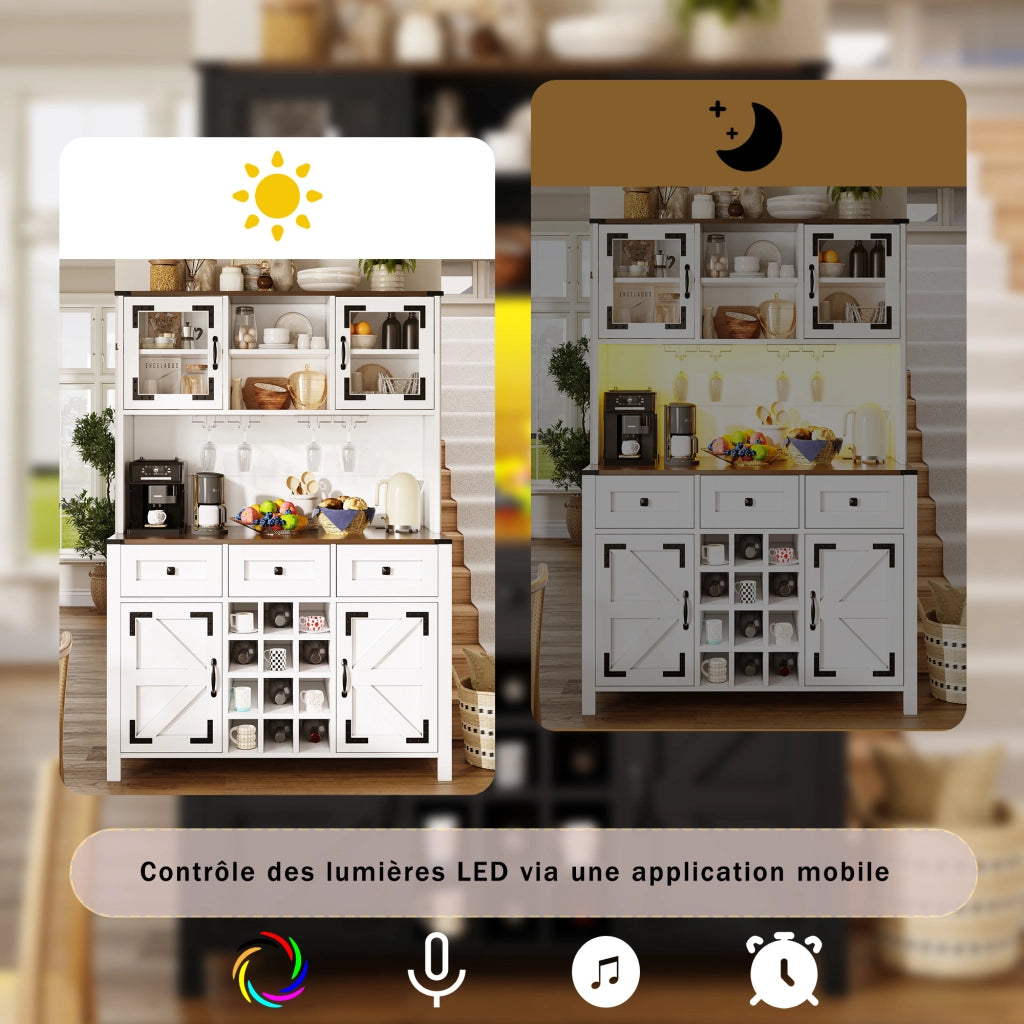 Credenza Alta 4 Ante 3 Cassetti con LED e USB; per Cucina; in MDF e Vetro; 120 x 40 x 170 cm; Bianco