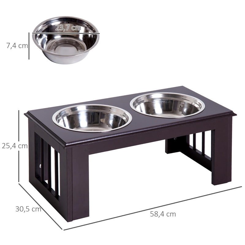 Portaciotole rialzato con due ciotole in acciaio inox per acqua e cibo colore espresso 58,4 × 30,5 × 25,4 cm